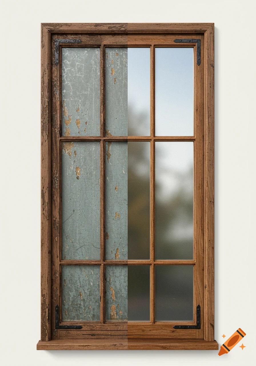 A realistic split image of a wooden window: left shows weathered, peeling paint; right shows clean, polished wood with clear glass.