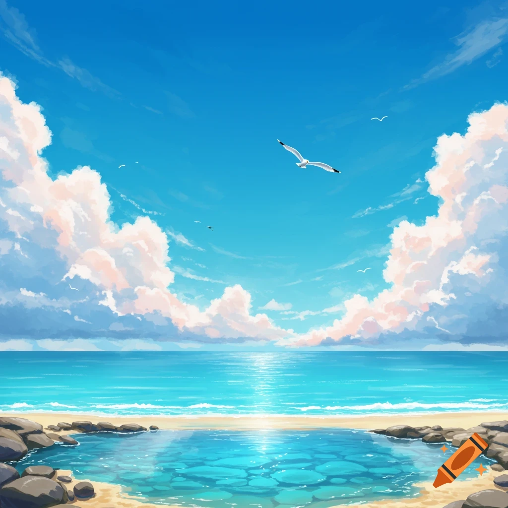 A vibrant anime landscape featuring a bright blue sky with fluffy clouds, a serene turquoise ocean, a sandy beach with rocks, and a clear tide pool. A seagull flies across the sky.