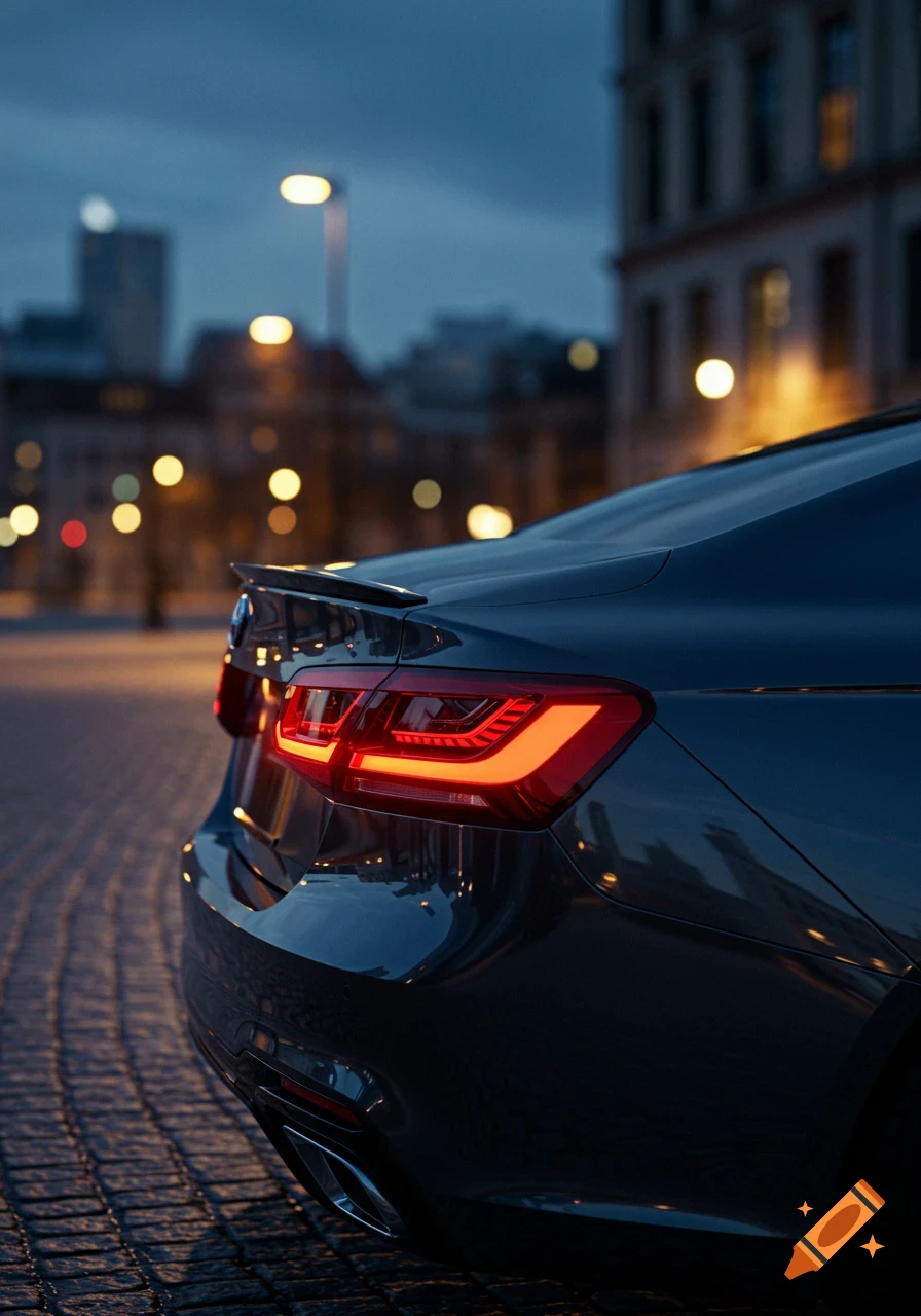 Photorealistic rear view of a dark car with bright red taillights on a cobblestone street at dusk, with blurred city lights in the background.