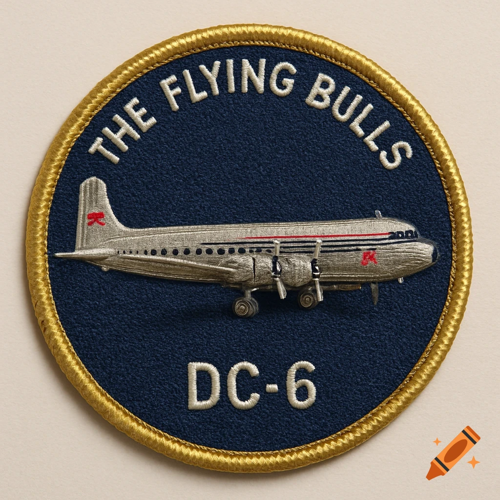A circular embroidered patch featuring a silver DC-6 airplane on a dark blue background with text "THE FLYING BULLS" and "DC-6".
