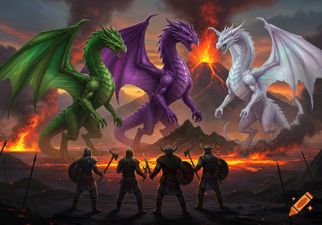 Three majestic dragons (green, purple, white) face four armored warriors before an erupting volcano.