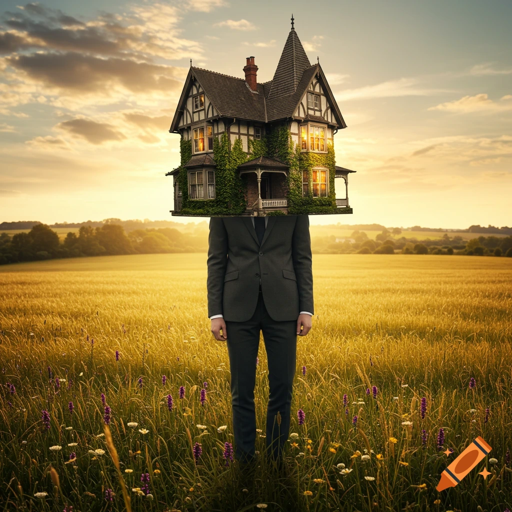 A man in a dark suit with a large, elaborate house for a head stands in a sunlit golden field under a cloudy sunset sky.