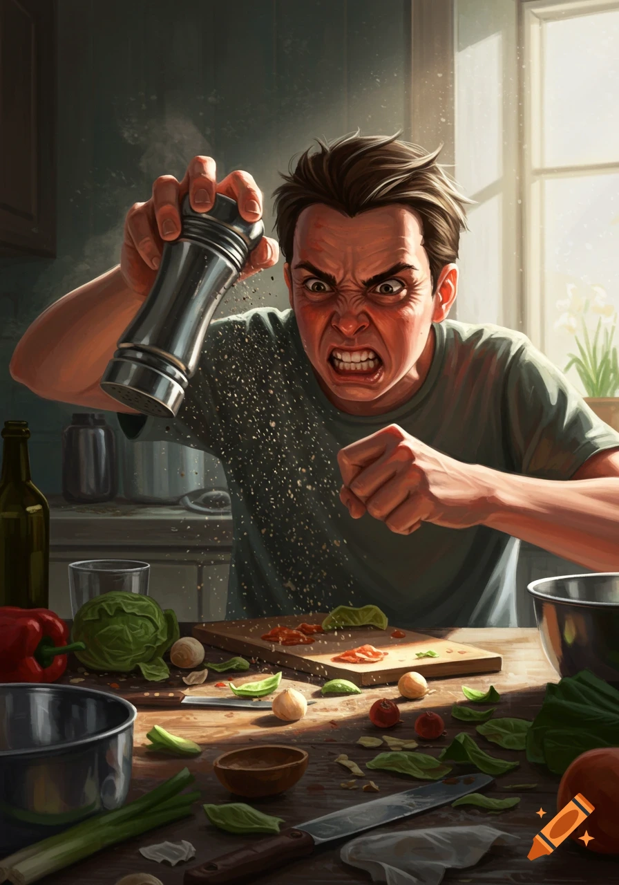 An angry person vigorously shaking a pepper grinder, scattering pepper over a cutting board with vegetables in a kitchen.