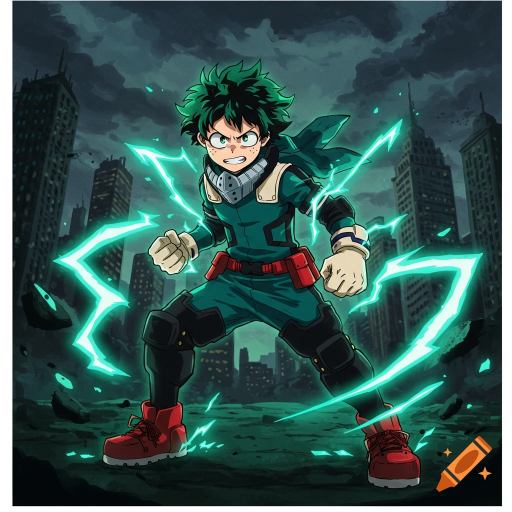 Izuku Midoriya in his hero costume, emitting green lightning, stands powerfully in a destroyed city landscape at night, anime style.
