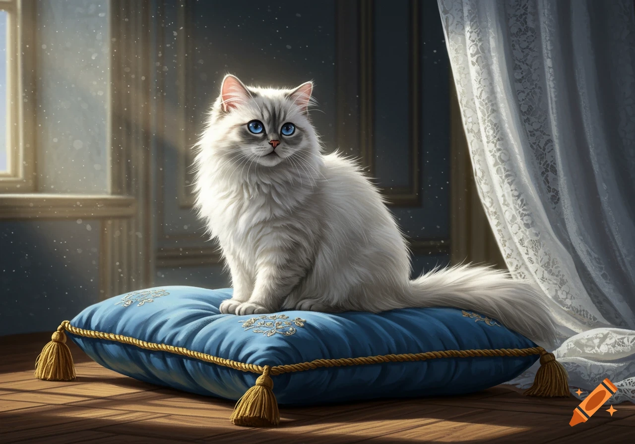 A fluffy white cat with bright blue eyes sits majestically on a blue ornate pillow in a sunlit classical room.