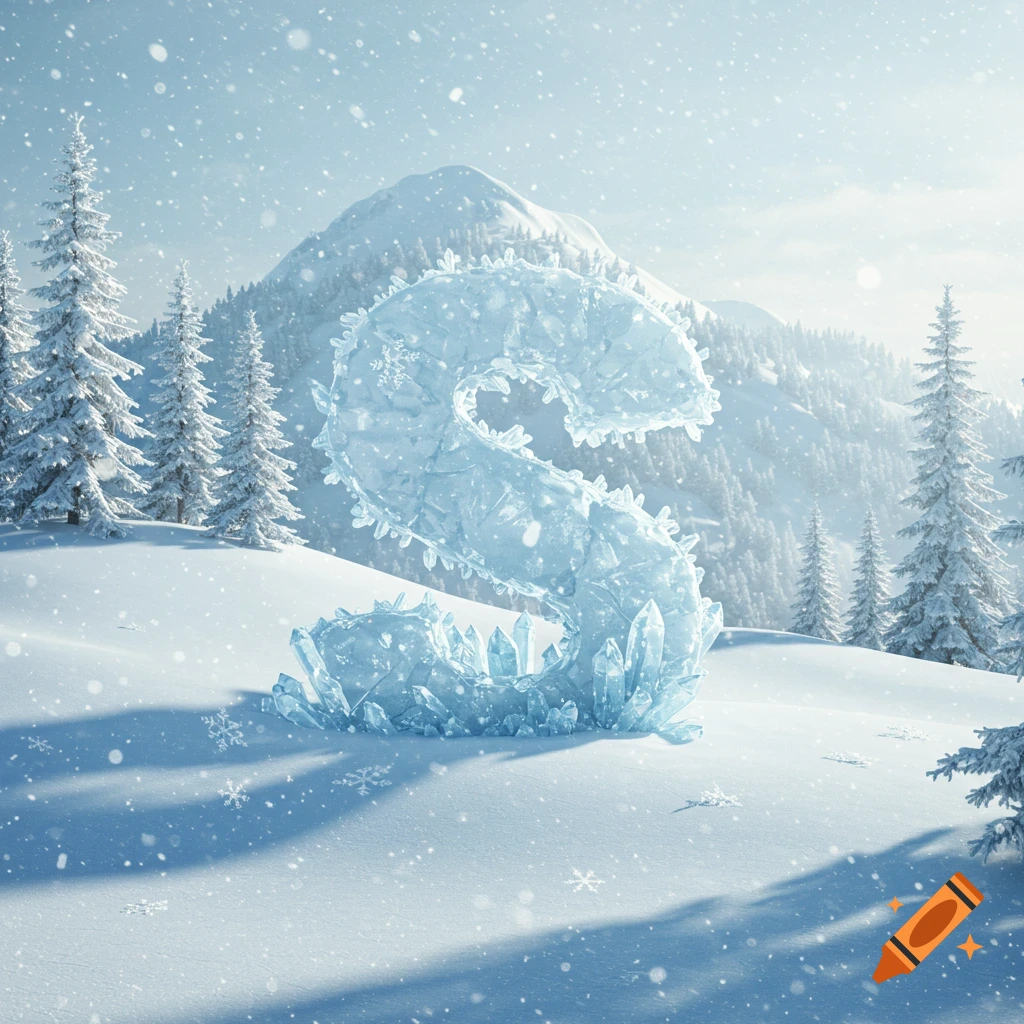 A large, icy letter S made of crystals stands in a snowy mountain landscape with pine trees under falling snow.