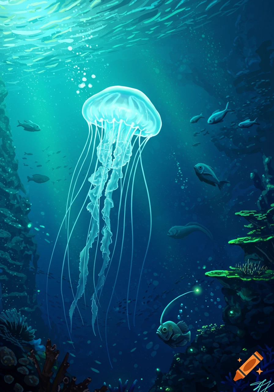 A vibrant underwater scene with a glowing jellyfish, an anglerfish, and schools of fish amidst coral reefs. Digital art.