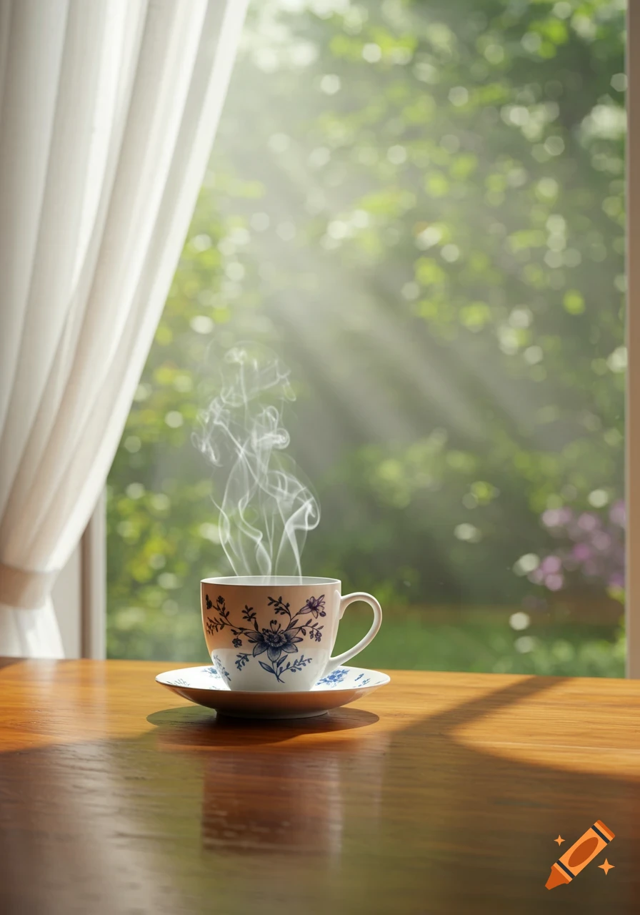 Steaming tea cup with blue floral pattern on a wooden table beside a window with a white curtain, sunlight beaming through trees outside.