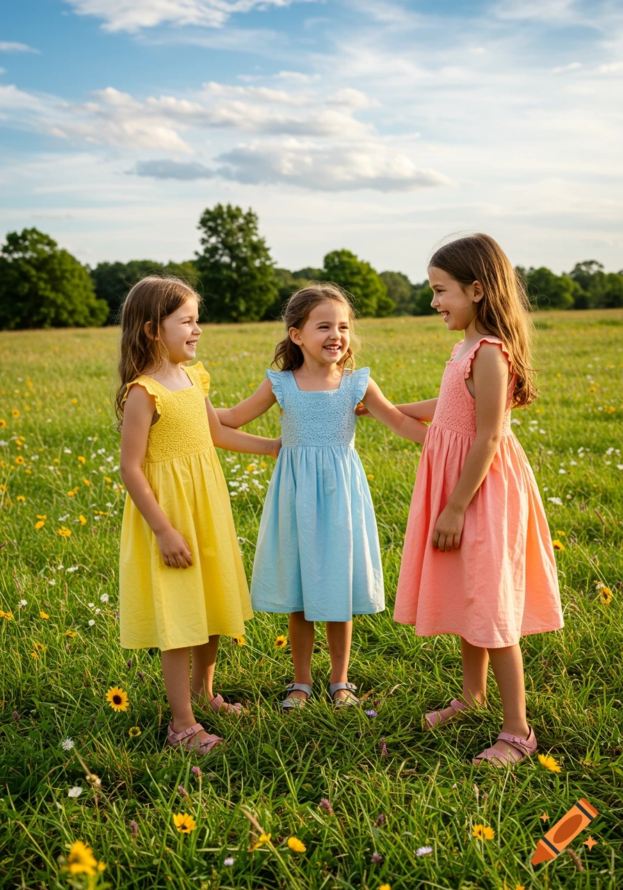 Three happy young girls in yellow, blue, and pink dresses stand together in a sunny field of green grass and wildflowers under a blue sky.