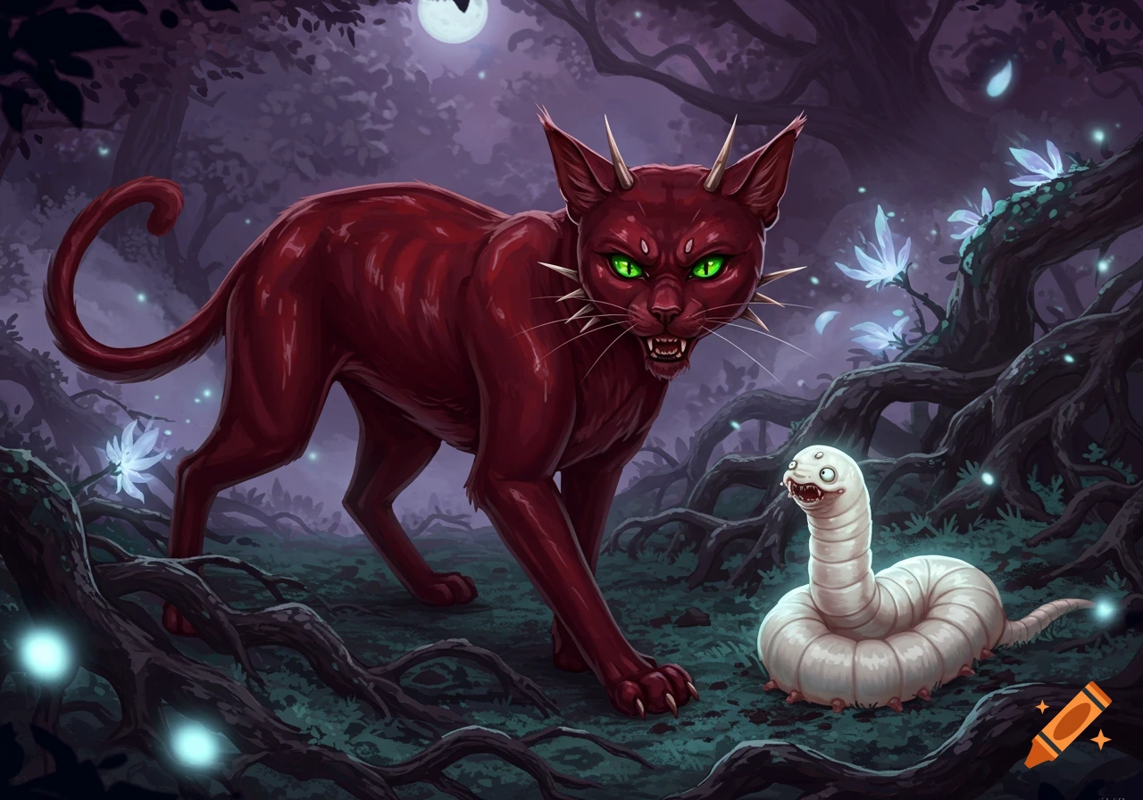 An angry, spiky maroon cat glares at a white worm in a dark, mystical forest with glowing plants, digital illustration.
