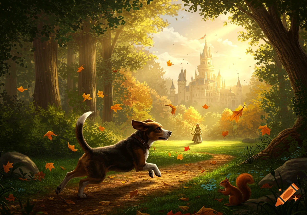 A dark brown beagle runs on a sunlit autumn forest path with falling leaves, a fantasy castle in the background and a squirrel.