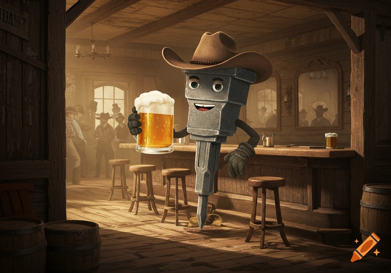 A 3D cartoon jackhammer character in a cowboy hat holds a beer mug while leaning on a bar in an old Western saloon.