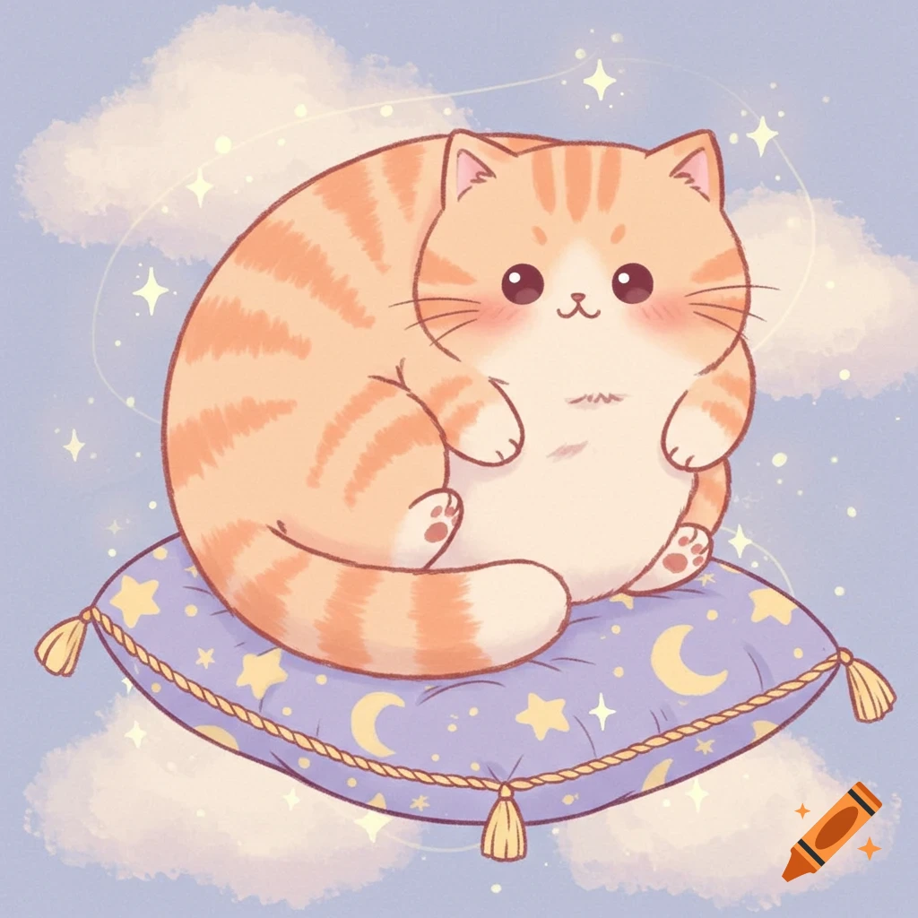 Chubby orange striped cartoon cat with rosy cheeks sits on a purple pillow with stars and moons, floating among clouds.