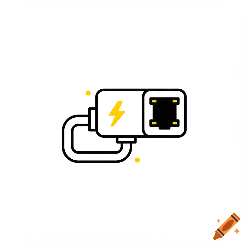 A pictogram illustration of a PoE device with a lightning bolt symbol, rendered in black, yellow, and white minimalist style.