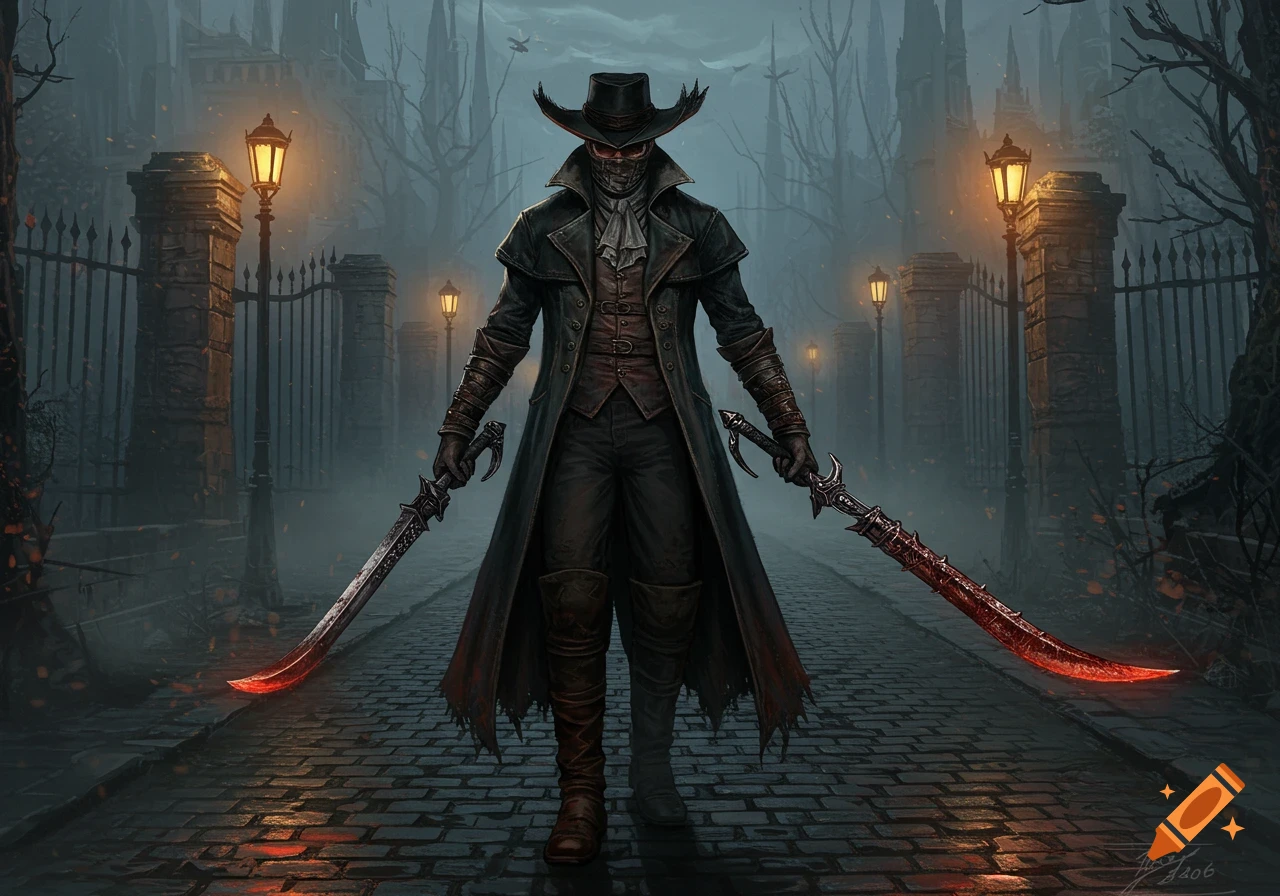 A dark fantasy hunter in a wide-brimmed hat, mask, and long coat, holding two glowing swords on a foggy gothic street with lampposts and gates.