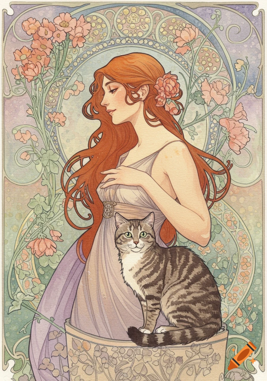 A watercolor Art Nouveau illustration of a woman with long red hair and a cat, surrounded by pink flowers and swirling patterns.