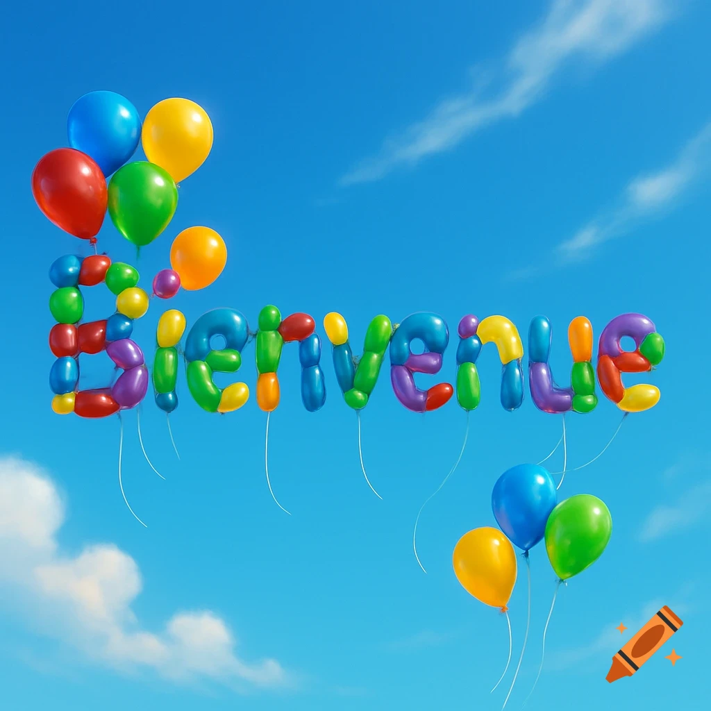 The word 'Bienvenue' formed by colorful, glossy balloons against a bright blue sky with wispy clouds.