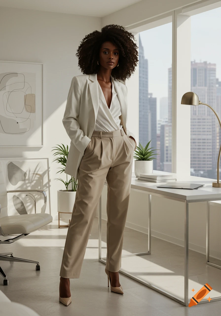 A Black woman in a white blazer and beige trousers stands in a modern office with a cityscape view, hands in pockets.