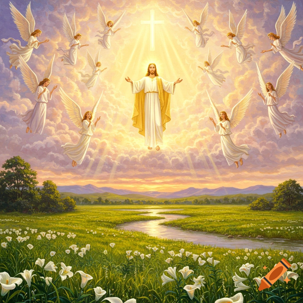 A vibrant painting of Jesus ascending in a golden, cloudy sky with a glowing cross, surrounded by many angels over a lush green meadow with a river and white lilies.