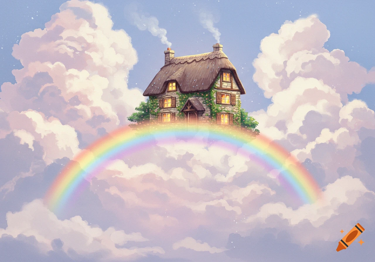 Whimsical illustration of a cozy thatched-roof cottage nestled among soft clouds, with a vibrant rainbow arching beneath it.