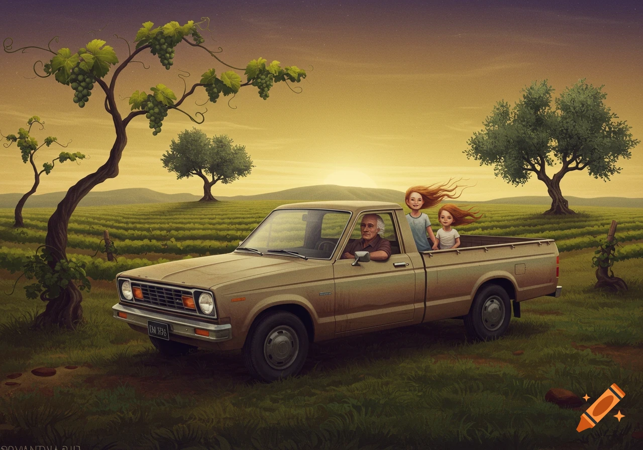 An older man drives a tan pickup truck through a vineyard at sunset with two young girls riding in the truck bed. Grapevines and olive trees dot the landscape in a stylized drawing.