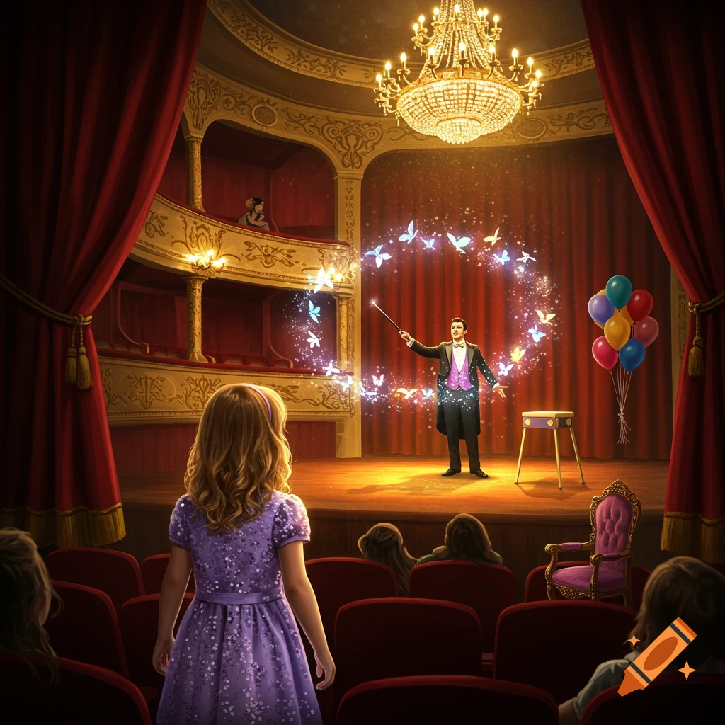 A young girl watches a magician on a stage in an ornate theatre, as he conjures a ring of glowing butterflies.