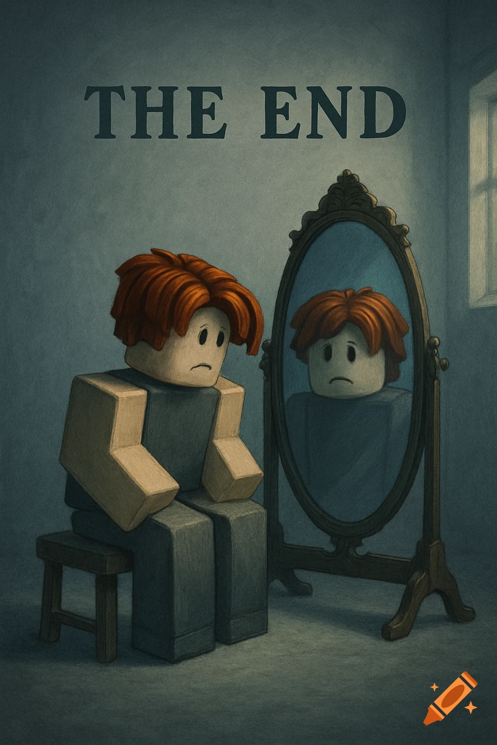 A sad Roblox 'bacon' avatar sits on a stool, looking into an ornate mirror, with 'THE END' text above. Digital illustration.