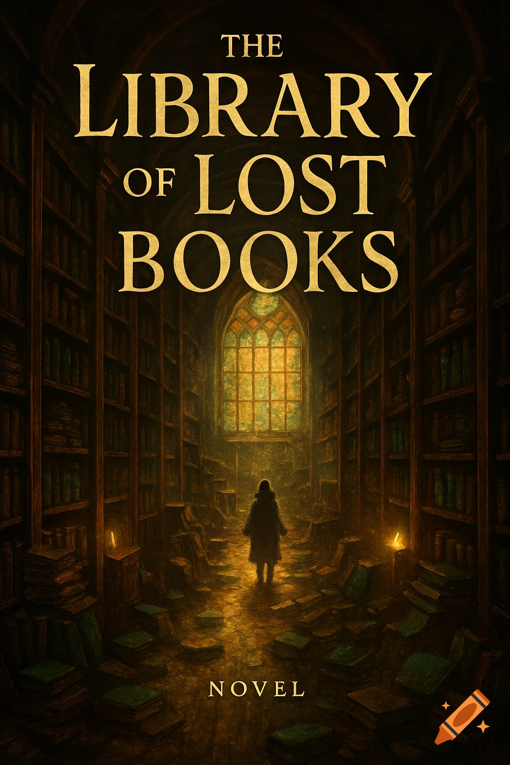 Dark fantasy book cover featuring a solitary figure in a vast, old library with glowing windows and scattered books.