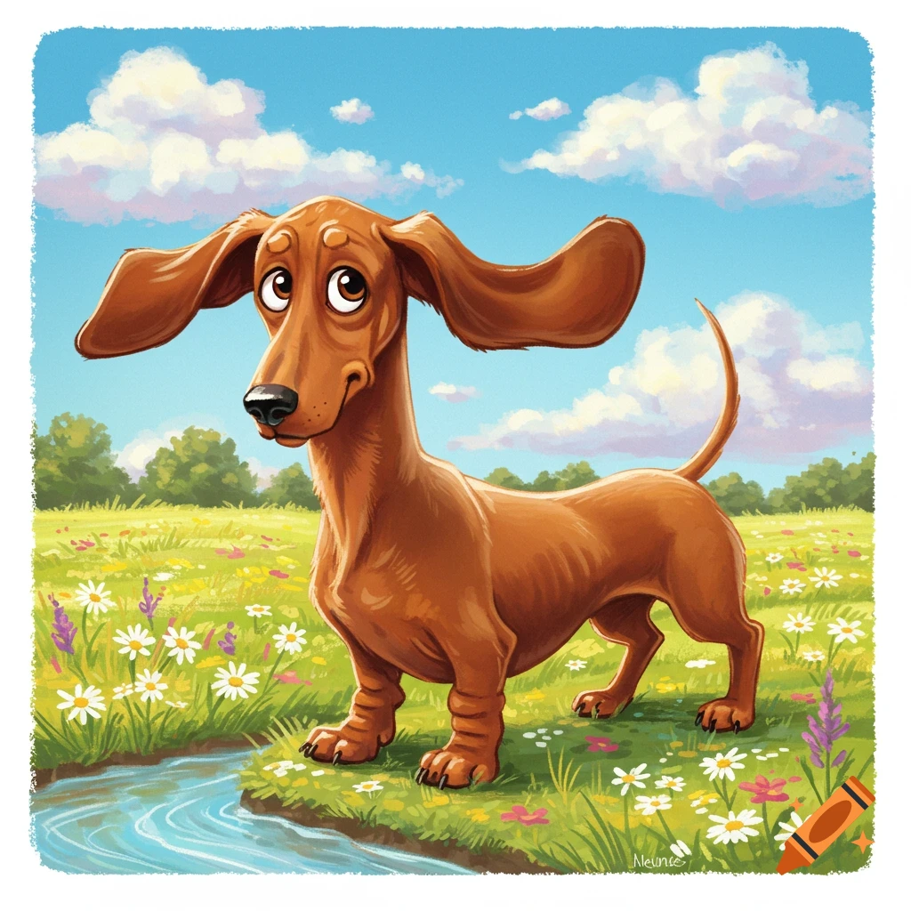 A cute cartoon dachshund with big floppy ears stands in a grassy field with daisies and a stream under a blue sky.