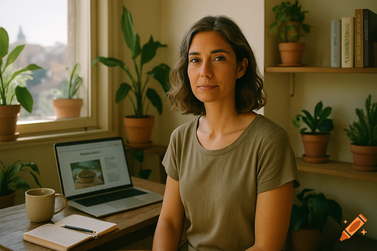 Photorealistic portrait of a woman with wavy hair, in an olive green shirt, sitting at a desk with a laptop and plants.