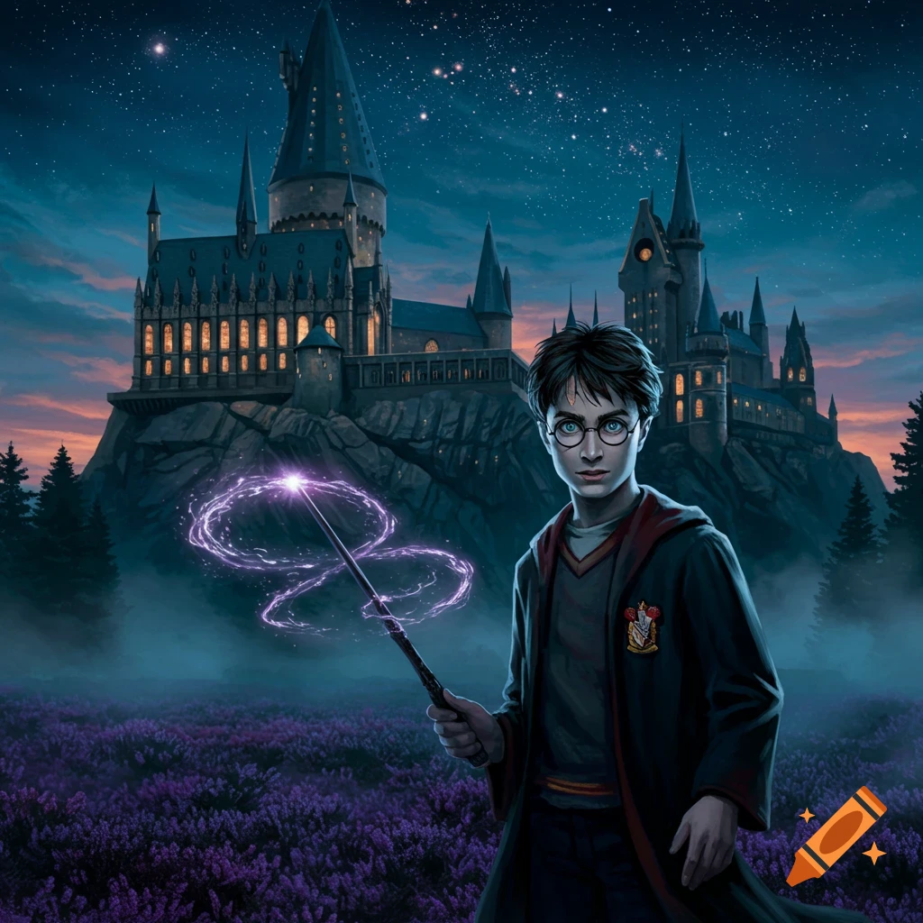 Harry Potter with a wand casting a purple spell, in a field of purple flowers with Hogwarts Castle in the background at night.
