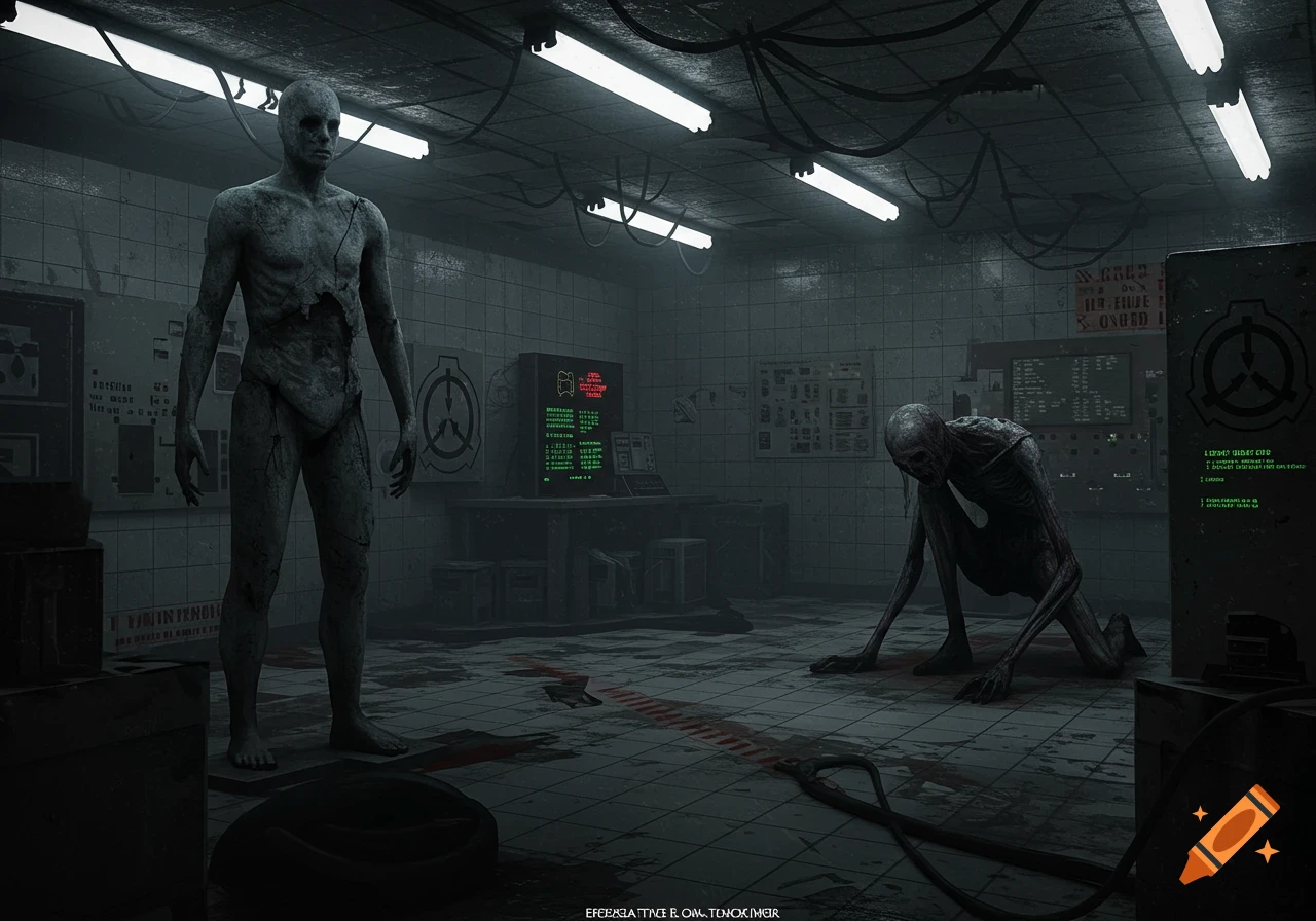 Two emaciated, pale gray figures in a dark, tiled laboratory with illuminated screens, wires, and bloodstains on the floor.