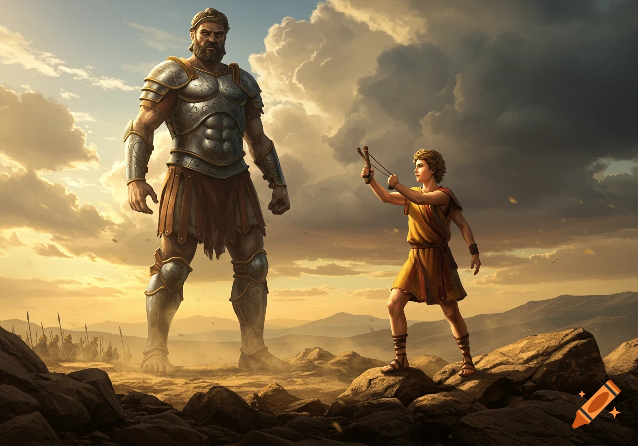 A colossal warrior in armor faces a smaller figure holding a slingshot on a rocky battlefield at sunset.