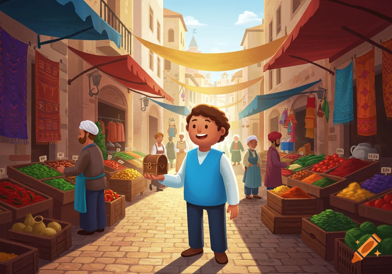 A cartoon boy holds a treasure chest in a bustling, sunny market street with vendors, colorful stalls, and awnings.