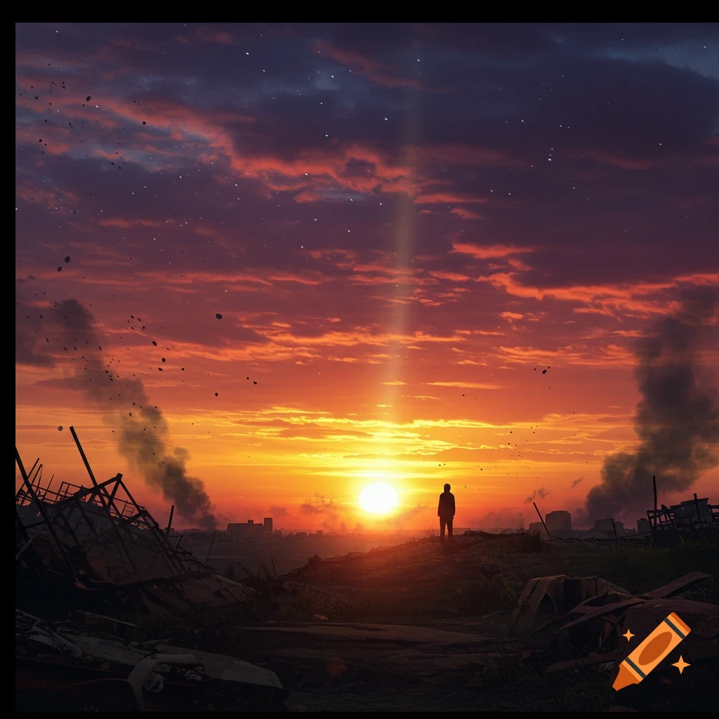 A lone figure stands on a hill overlooking a ruined city, silhouetted against a dramatic orange and purple sunset with smoke rising.