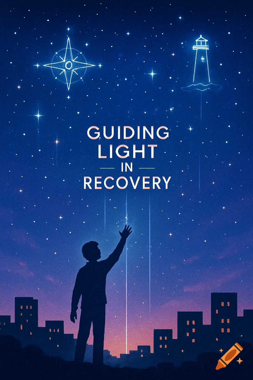 Illustration of a person reaching for a guiding light in a starry night sky over a city, with 'GUIDING LIGHT IN RECOVERY' text.