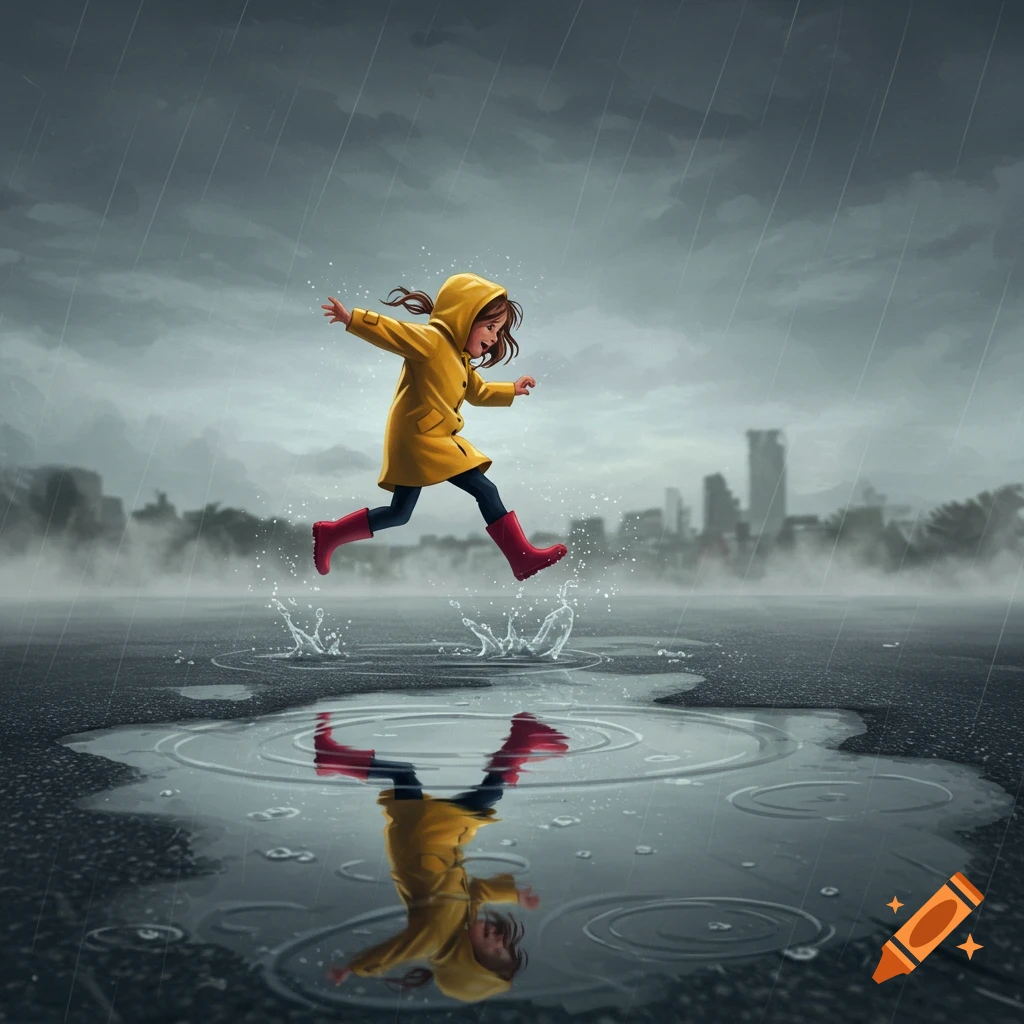 An illustrated girl in a yellow raincoat and red boots joyfully jumps into a puddle on a rainy day with a city skyline in the background.