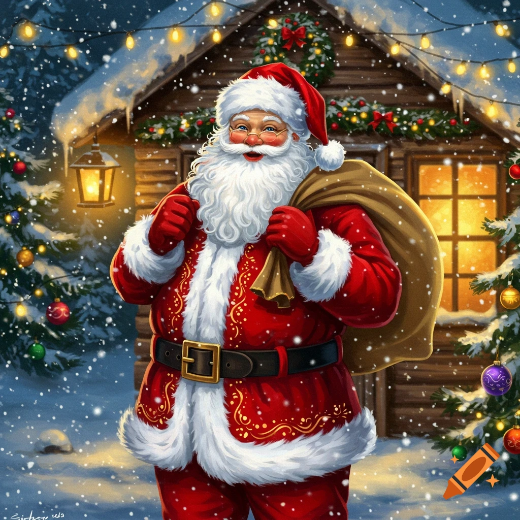 A cheerful, illustrated Santa Claus in a red suit carries a sack in a snowy Christmas scene in front of a decorated cabin.