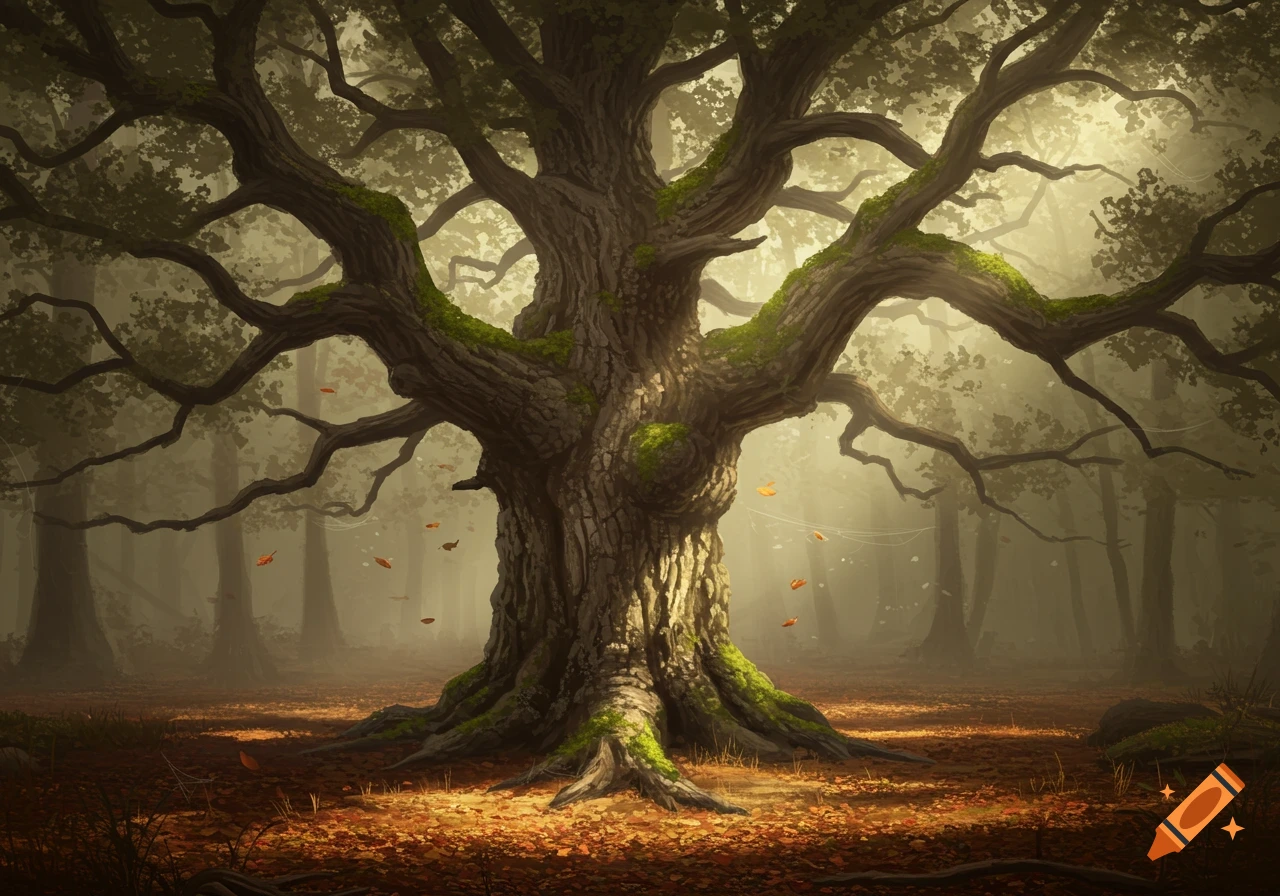 A majestic, gnarled ancient oak tree covered in moss stands in a sunlit forest with golden leaves on the ground.