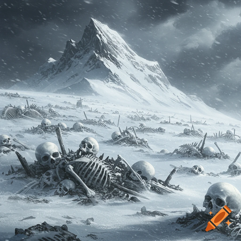 A desolate, snow-covered mountain landscape with a vast field of human skeletons and skulls partially buried in the snow.
