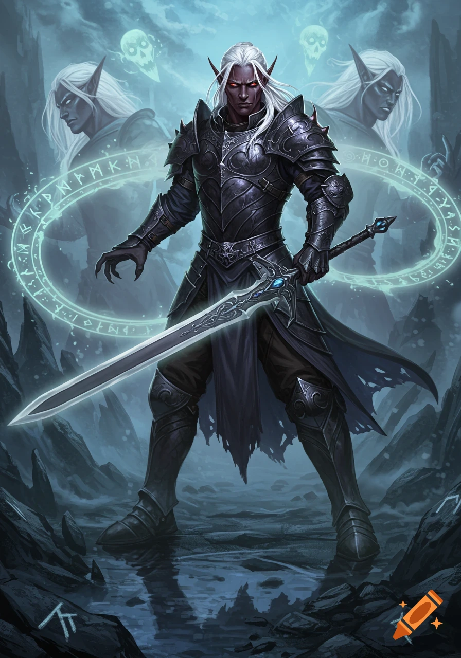 A male drow echo knight with white hair, red eyes, and dark armor, holding a glowing greatsword. He stands in a dark, rocky landscape with magical runes glowing around him, and two ghostly figures of himself behind.