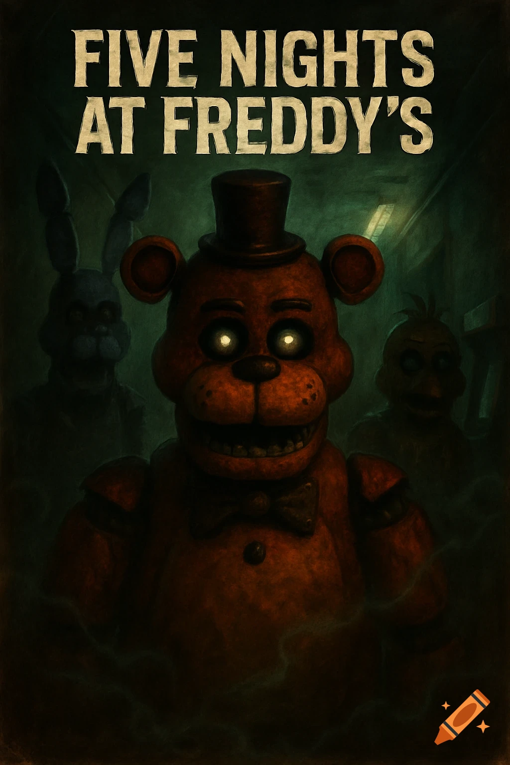 A dark, stylized movie poster for Five Nights at Freddy's, featuring Freddy Fazbear with glowing eyes, flanked by other animatronics.
