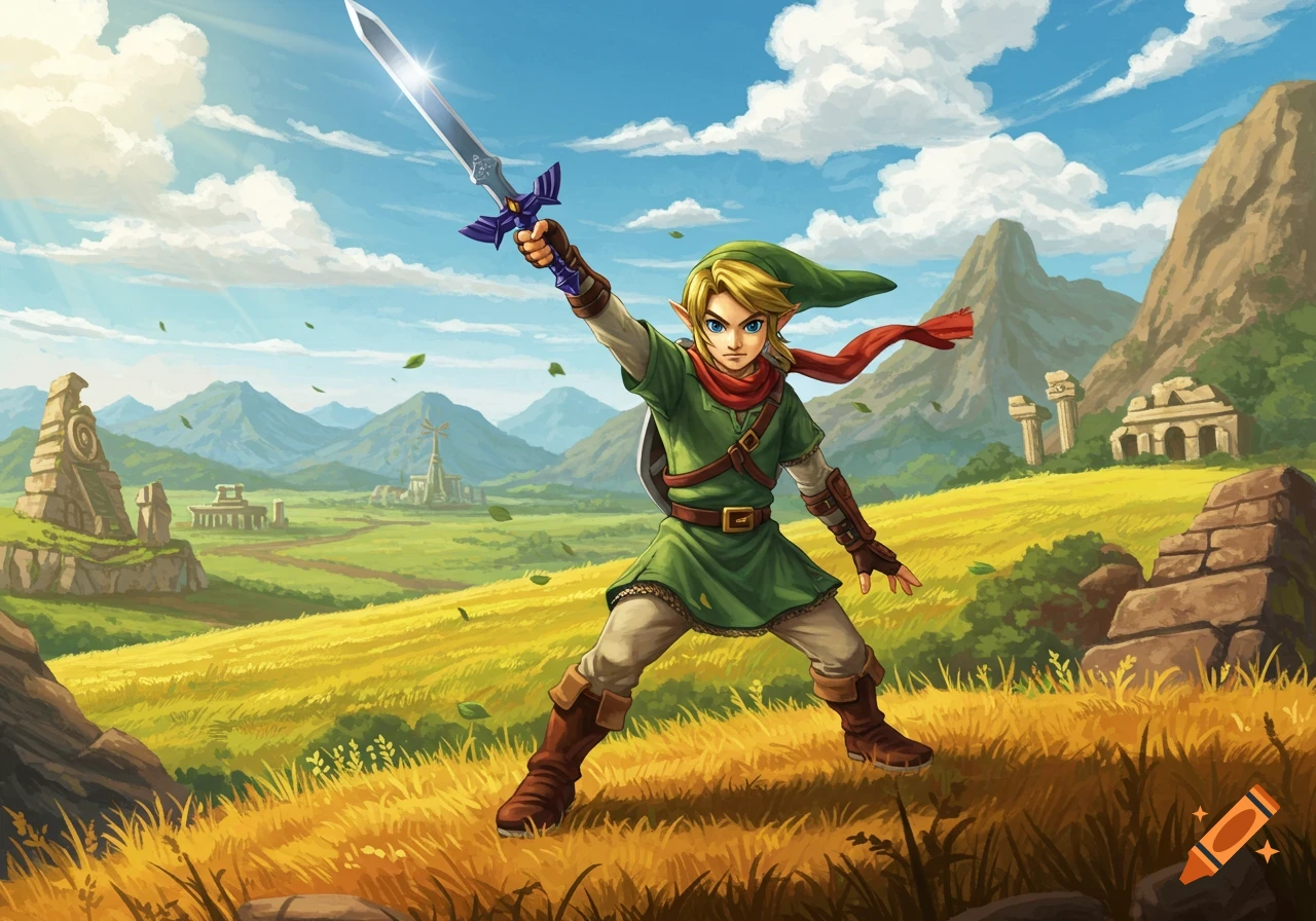 Link, wielding the Master Sword, stands heroically in a sunlit grassy field with mountains and ancient ruins.