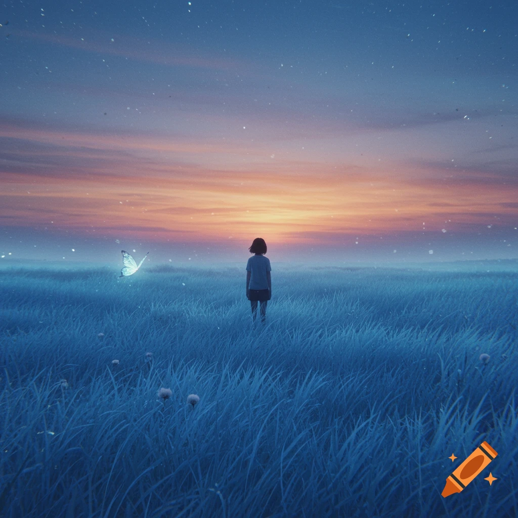 A person stands in a field of blue grass looking at a glowing butterfly and a colorful sunset sky, with a dreamy aesthetic.