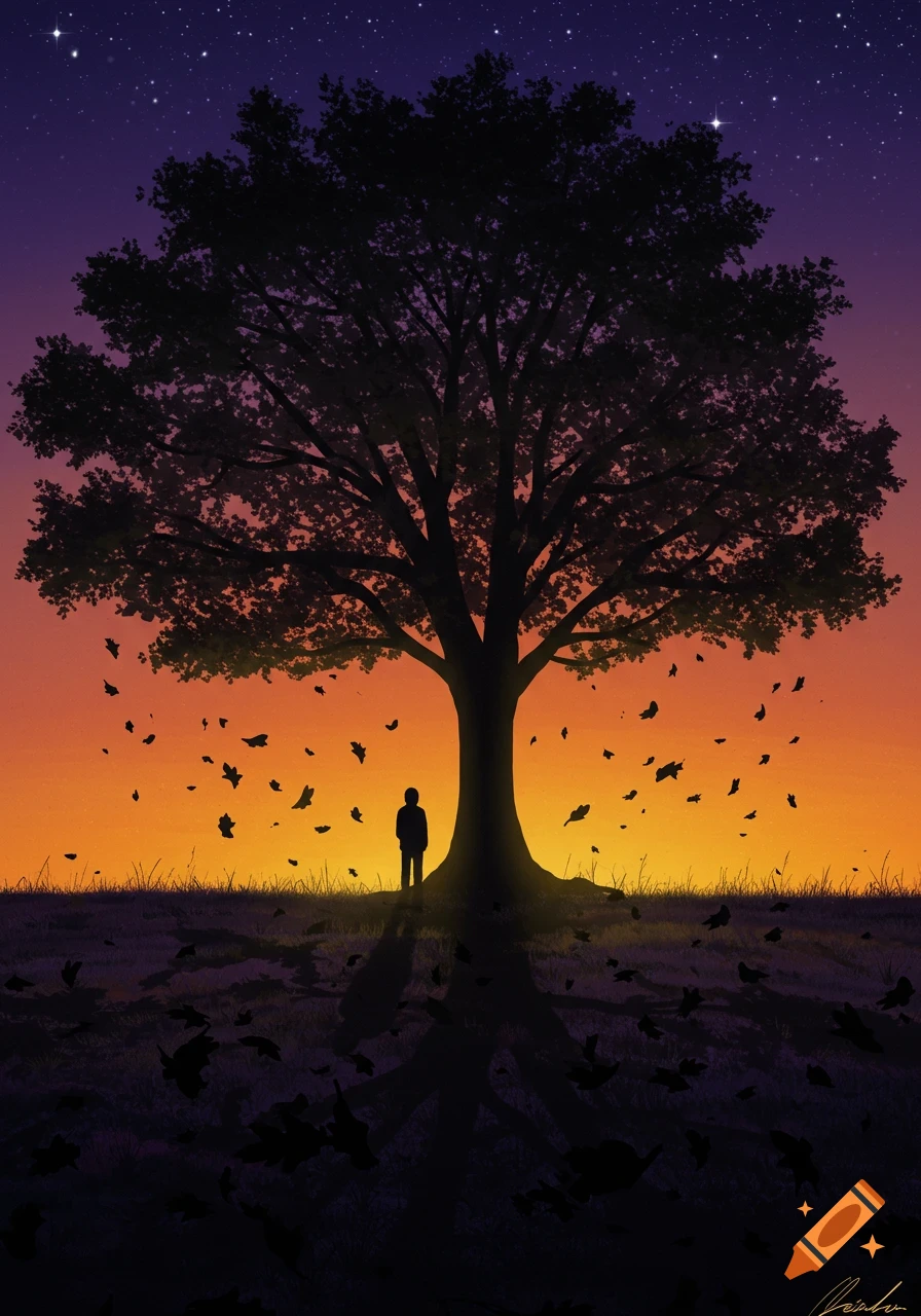 A silhouette of a lone person stands under a large tree with falling leaves against a vibrant orange and purple sunset sky dotted with stars.