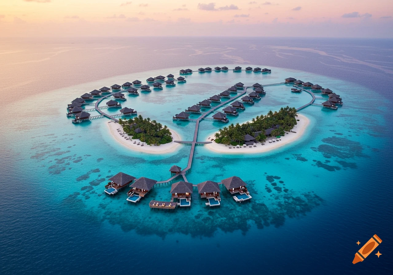 Aerial view of a luxury island resort with numerous overwater bungalows and lush islands in turquoise ocean under a sunset sky.