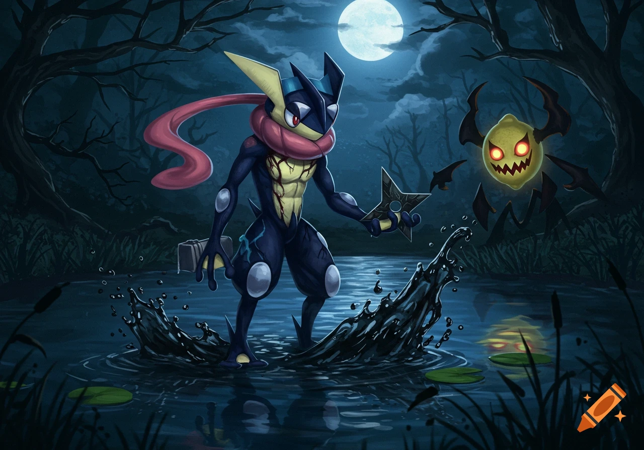 Greninja in a dark, moonlit forest lake with a black shuriken, facing a sinister glowing yellow Lemon Demon, digital art.