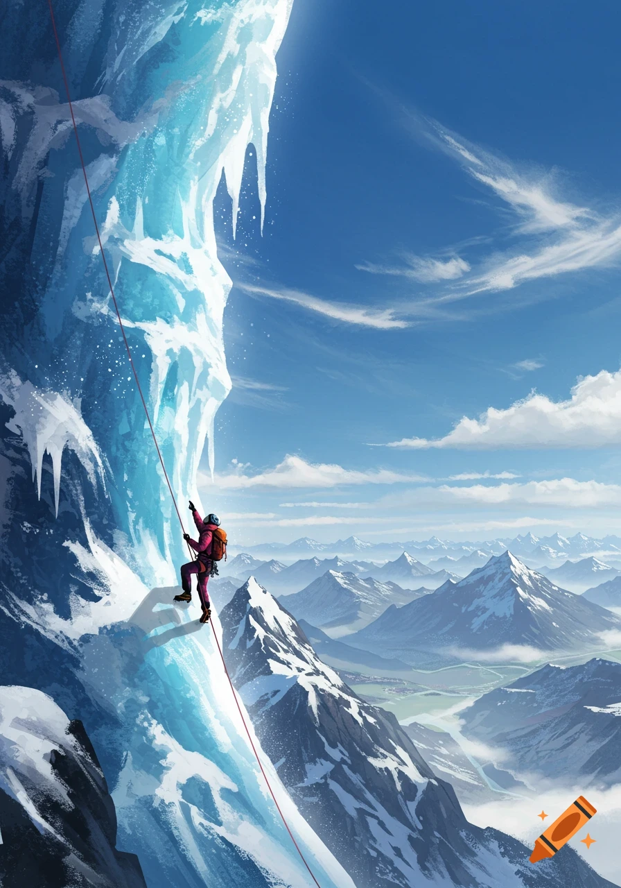 A stylized mountain climber ascends a steep blue ice face with a red rope, overlooking a vast range of snowy mountains and a valley.