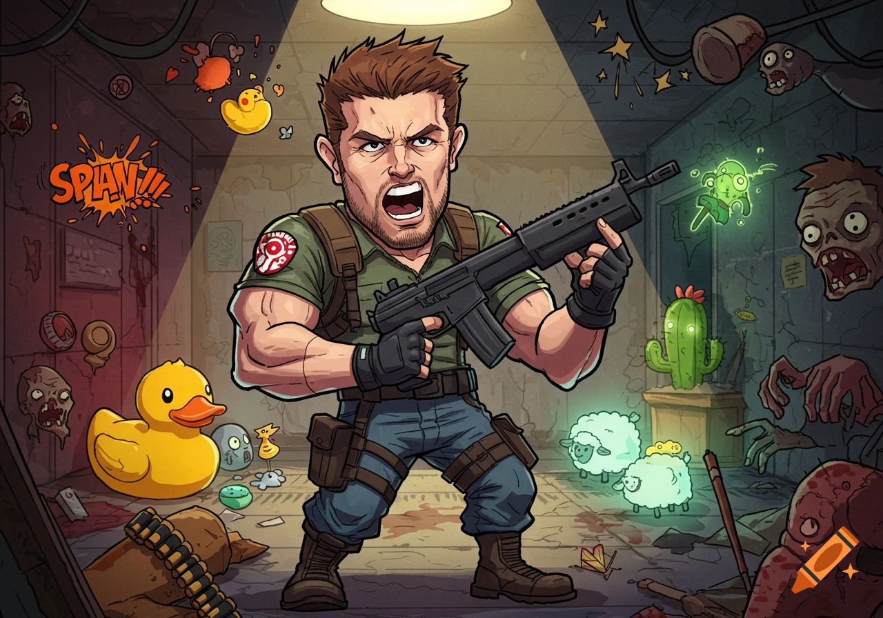 Cartoon Chris Redfield holds a rifle amidst rubber ducks, glowing sheep, zombies, and a cactus in a comical, cluttered room.
