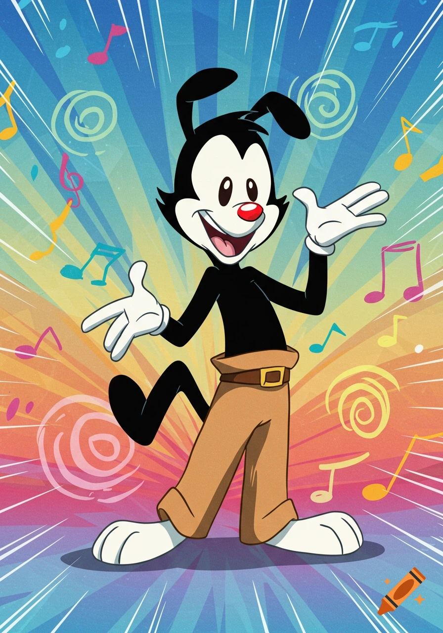 Yakko from Animaniacs smiles with arms open amidst colorful musical notes and swirls on a vibrant striped background.